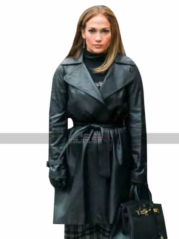 Second Act Movie Legend Jennifer Lopez Black Leather Coat | Women Spring Belted Coat