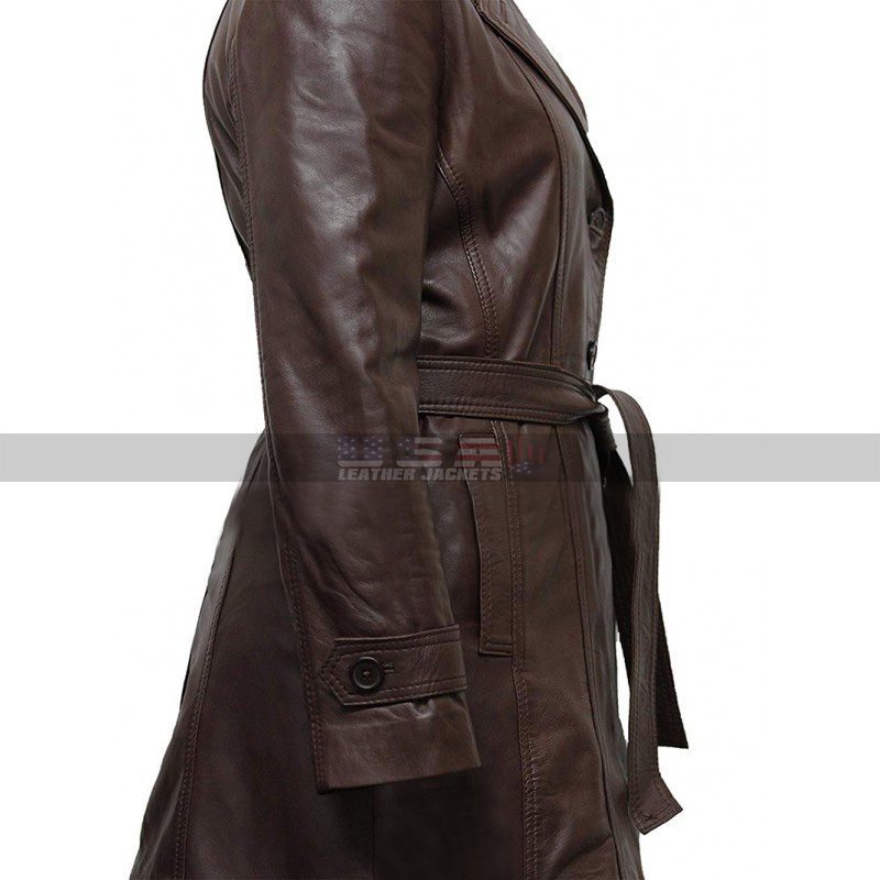 Vintage Long Length Belted Style Women's Sheepskin Brown Leather Coat