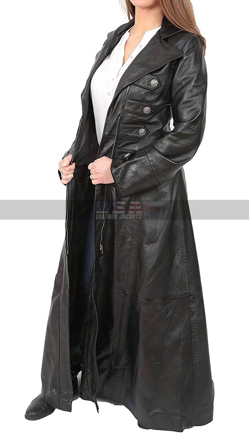 Gothic Women's Winter Full Length Black Leather Trench Coat