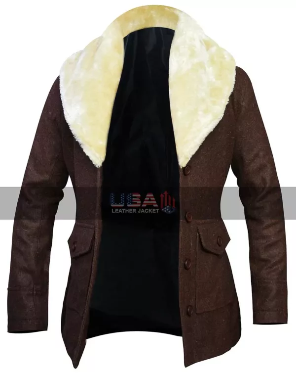 Yellowstone TV Series Costumes Kelly Reilly Fur Collar Brown Wool Coat